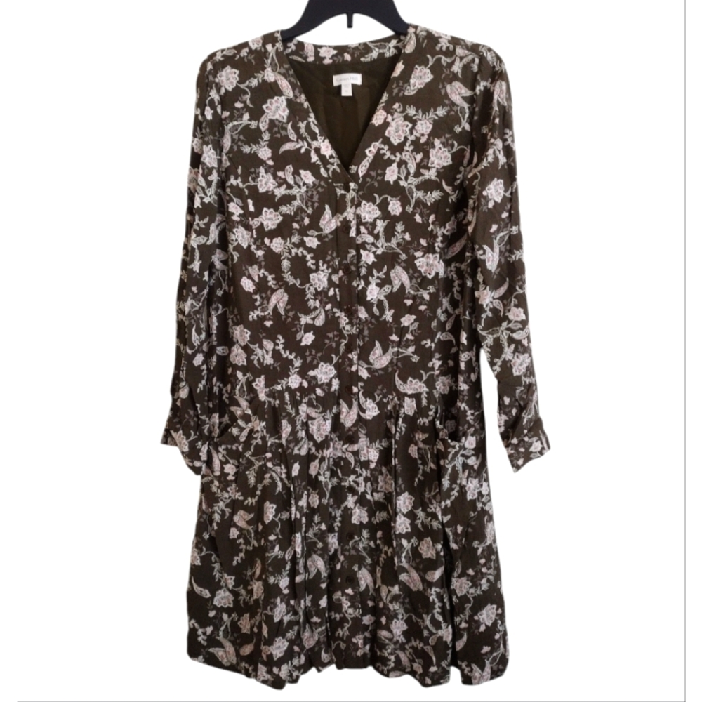 Garnet Hill olive green ivory pink paisley floral print dress size 4